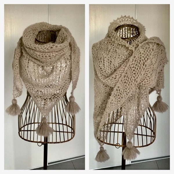 Shawl, chèche, beige, woman, crochet, mohair and silk