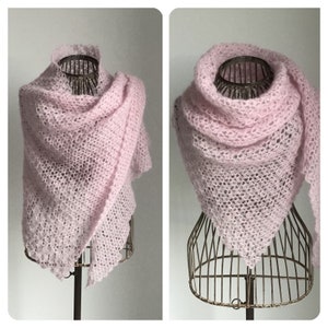 Châle, chauffe-épaule, chèche rose, femme, crochet, mohair et soie image 1