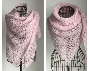 Châle, chauffe-épaule, chèche rose, femme, crochet, mohair et soie