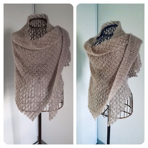 Shawl, taupe shoulder warmer, woman, crochet, mohair and silk