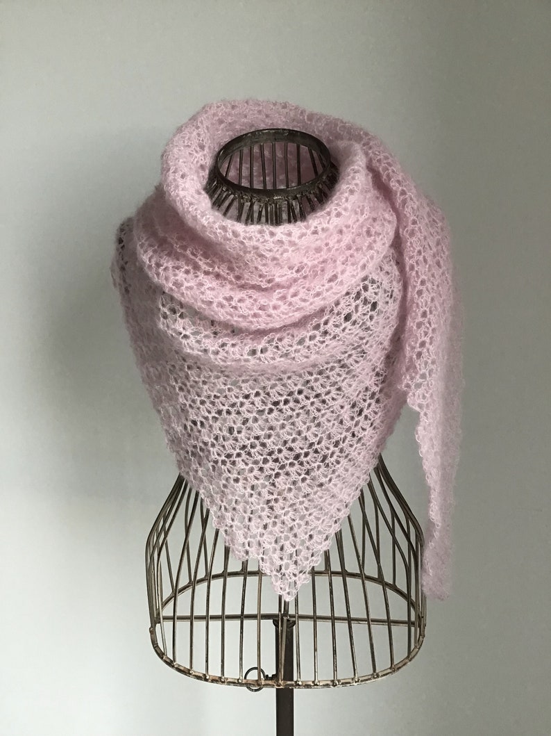 Châle, chauffe-épaule, chèche rose, femme, crochet, mohair et soie image 3