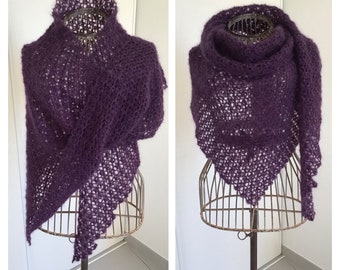 Châle, chauffe-épaule violet, femme, crochet,mohair et soie