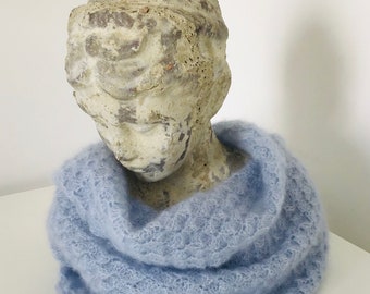 Tour de cou, snood, bleu, femme, crochet, mohair et soie