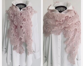 NOUVEAUTÉ, grande étole rose, femme, crochet, mohair et soie