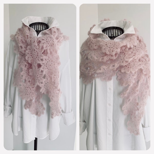 NOUVEAUTÉ, grande étole rose, femme, crochet, mohair et soie