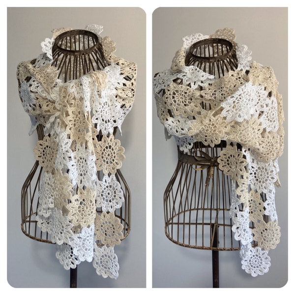 NOUVEAUTÉ, étole coton blanc/écru, femme, crochet