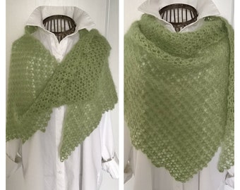 Châle, chauffe-épaule vert, femme, crochet,mohair et soie