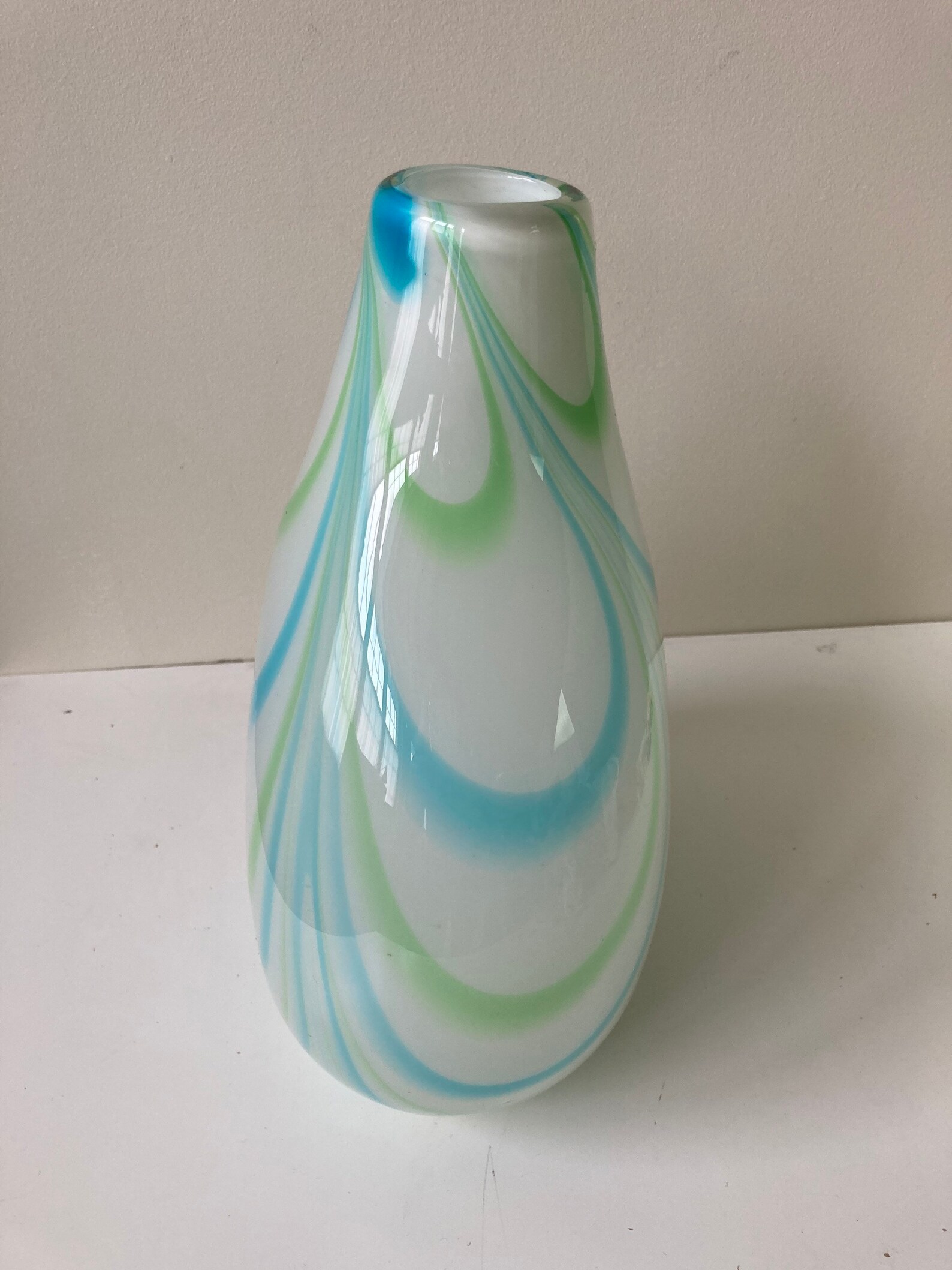 Mid century blown glass vase in white with swirls of blue and Etsy