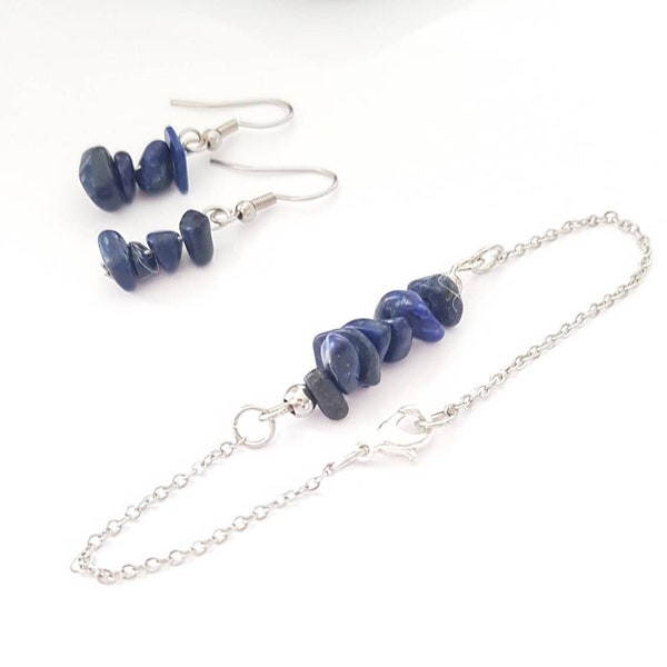 Parure Boucles d'oreille et bracelet pierre Lapis Lazuli et Acier, bleu azur symbole de sérénité, de courage et de calme, idée cadeau noël