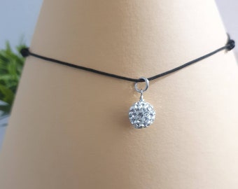 Quality cord necklace and white shamballa pendant, rhinestone pearl, gift idea, woman, girl, teenager