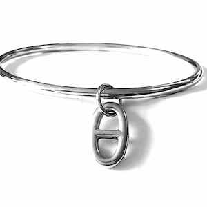 Bracelet jonc femme et pendentif chaine ancre marine en Acier Inoxydable, pampille ovale,idée cadeau original femme, fille, jeune ou ado, image 1