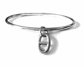 Bracelet jonc femme et pendentif chaine ancre marine en Acier Inoxydable, pampille ovale,idée cadeau original femme, fille, jeune ou ado,