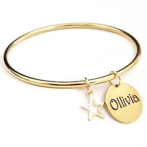 Jonc Acier Inoxydable Or à personnaliser, 2 pampilles étoile et rond, idée cadeau femme fille jeune anniversaire ou Noel, Gravure possible