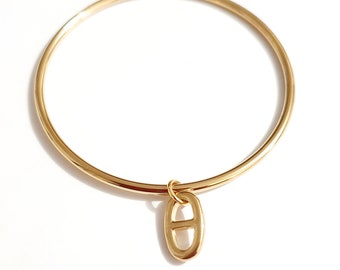 Bracelet jonc breloque ACIER inoxydable Or avec pendentif chaine d'ancre marine ovale, idée cadeau pour femme, fille, jeune...