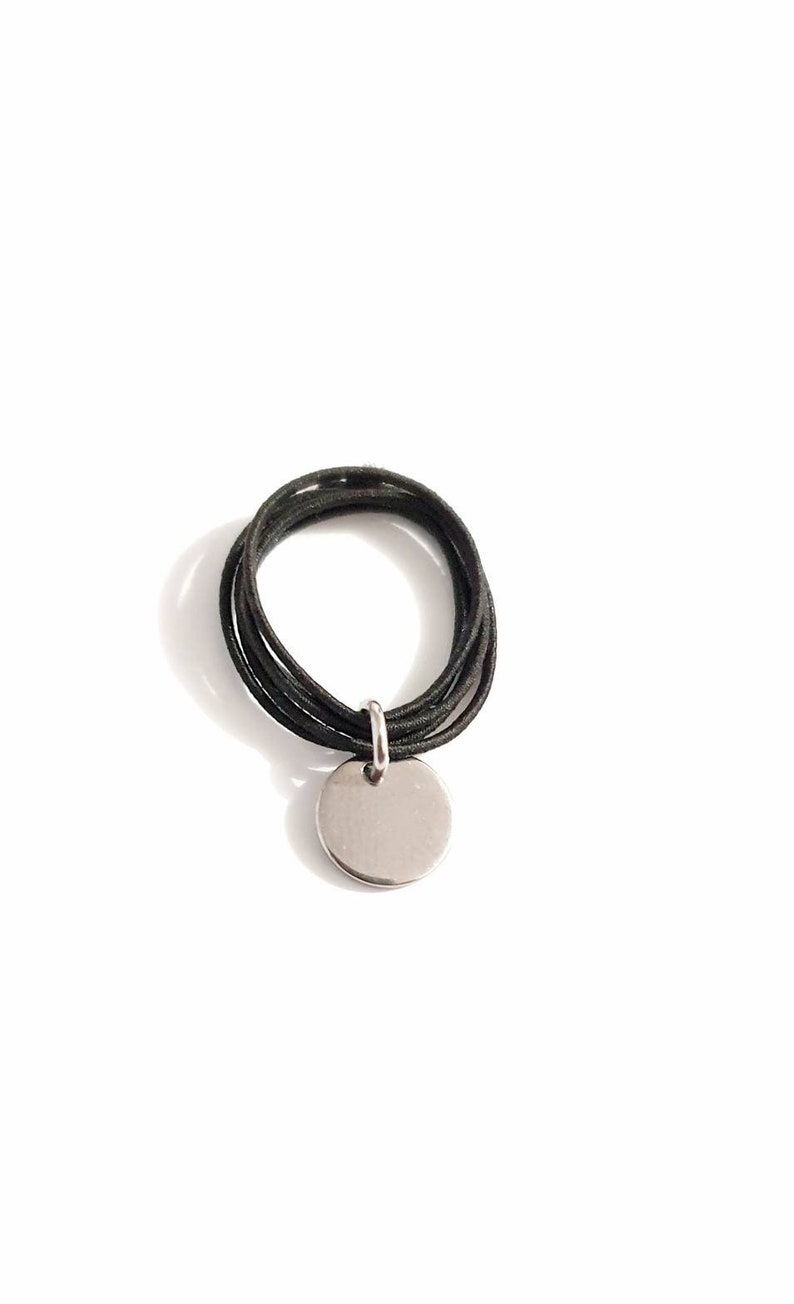 Black ELASTIC cord ring and stainless steel medal, original gift idea for women, girls, teenagers image 1