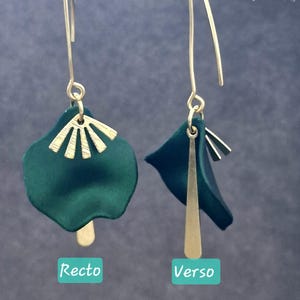 Gold stainless steel and green petal earrings, women&#39;s gift idea, elegant earrings