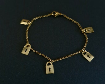 Bracelet Plaqué Or, pendentifs cadenas serrure, idée cadeau pour femme fille ado jeune anniversaire ou fête des mères