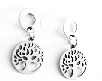 Tree of life earrings in Stainless Steel, round pendant, birthday gift idea for women, teenage girls