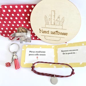 Cadeau voor leraar, stalen armband in diverse kleuren, sleutelhanger en voorgevulde kaart, cadeau voor atsem, avs, nanny, einde schooljaar