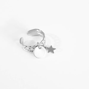 Adjustable ring, multi rows, round tassel and star, flat pendants, Stainless Steel, gift idea for women, young teenage girls, birthday image 4