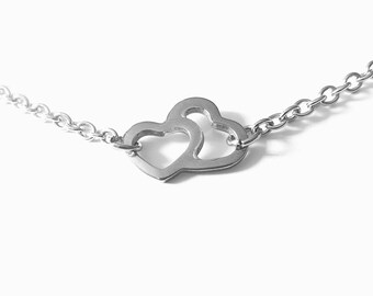 Collier pour femme Acier argent,  pendentif 2 cœurs, idée  cadeau pour femme fille ado jeune ou anniversaire