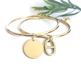 Bracelet en Acier Inoxydable Or jonc maille de chaine d'ancre marine ou pendentif rond personnalisable, 2 anneaux pour la maille marine