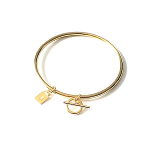 Bracelet jonc breloque ACIER inoxydable Or avec pendentif cadenas et pampille toggle, idée cadeau pour femme, ado, jeune ou fête des mères