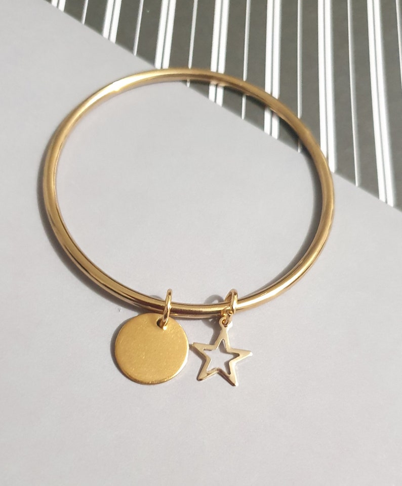 Gold Stainless Steel Bangle to personalize, 2 star and round tassels, gift idea for woman, girl, young birthday or Christmas, Engraving possible image 7