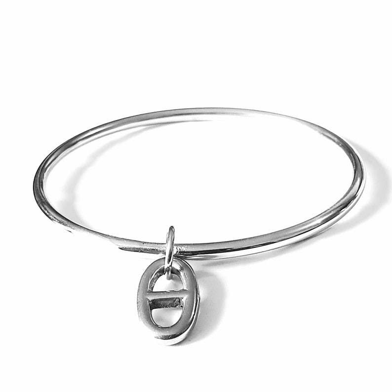 Bracelet jonc femme et pendentif chaine ancre marine en Acier Inoxydable, pampille ovale,idée cadeau original femme, fille, jeune ou ado, image 2