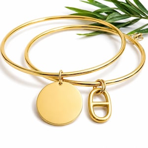 Bracciale rigido in acciaio inossidabile color oro con maglia a forma di ancora marina o ciondolo rotondo personalizzabile, 2 anelli per la maglia a forma di ancora marina