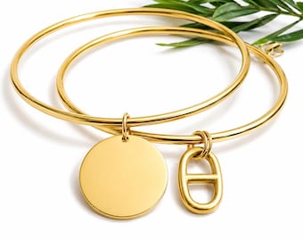 Bracelet en Acier Inoxydable Or jonc maille de chaine d'ancre marine ou pendentif rond personnalisable, 2 anneaux pour la maille marine