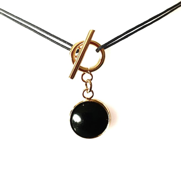 Collier toggle pour femme et pendentif pampille rond noir et or, Acier Inoxydable Plaqué Or, Idée cadeau original, bijou femme, fille ou ado