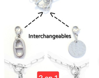 Collier toggle en Acier Inoxydable avec pendentifs interchangeables à fermoir, maille marine et pampille ronde plate