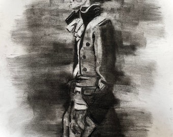 Charcoal portrait of a woman in a military coat