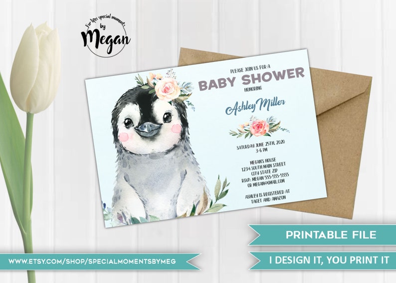 Penguin Baby Shower Invitations Girl Baby Shower Invitation Etsy