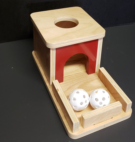 montessori object permanence box with tray and ball