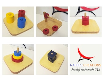 Montessori Infants Rings on Dowel - Horizontal Dowel, Vertical Dowel, Rings Sorter, Cubes and 3 Colored Rings on Colored Dowel