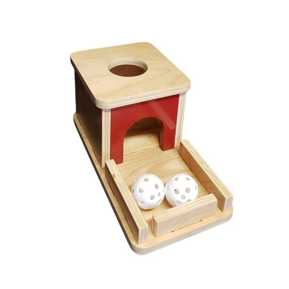 montessori object permanence box with tray and ball