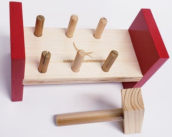 Wooden Hammer Peg - Pounding Bench Wooden Mallet, Object Permanence, Kids Wooden Toys - HP101