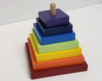 Square Shape Stacker & Sorter - Vertical  Stacking Puzzle - Wooden Square Pyramid - Graded Tower