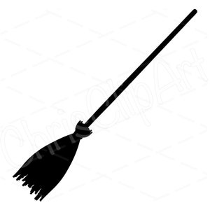 May include: A black silhouette of a witch's broom with a long handle and a bushy end.