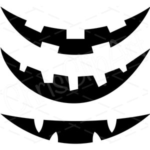 May include: Three black and white stencils of different sized jack-o'-lantern smiles. The stencils are designed to be cut out and used for decorating pumpkins.