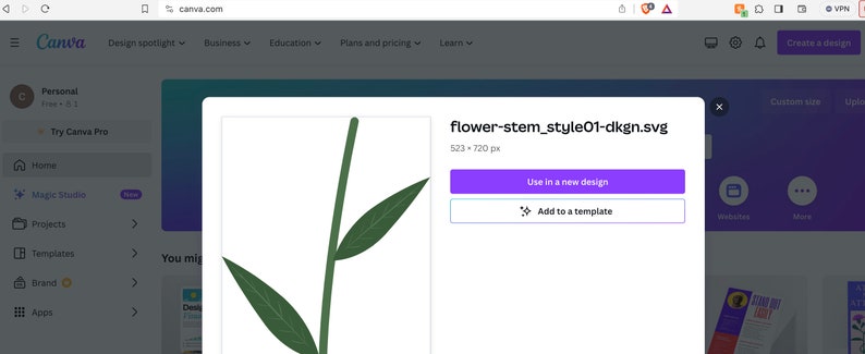 Puede incluir: Una ilustraci&oacute;n digital de un tallo de flor verde con dos hojas. La imagen se titula "flower-stem_style01-dkgn.svg" y tiene 523 por 720 p&iacute;xeles.