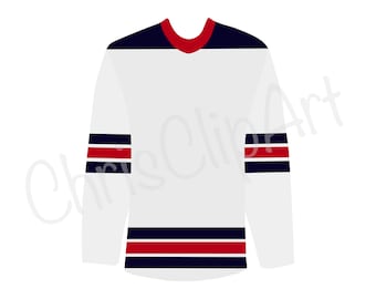 May include: White hockey jersey with navy blue and red stripes on the sleeves and bottom of the jersey.