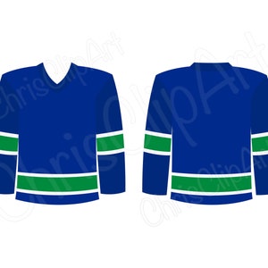 May include: A blue hockey jersey with green and white stripes. The jersey is shown from the front and back.