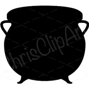 May include: A black silhouette of a cauldron with two handles. The cauldron is a traditional Halloween decoration.