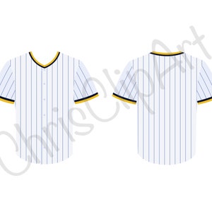 Puede incluir: Jersey de béisbol blanco con rayas azules y ribetes amarillos en el cuello y las mangas. El jersey se muestra desde el frente y la espalda.