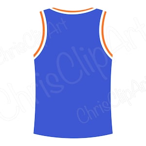 May include: A blue basketball jersey with white and orange trim.