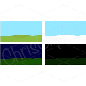 May include: Four different landscape backgrounds. The first is a blue sky with green grass. The second is a blue sky with white snow. The third is a dark blue night sky with green grass. The fourth is a black night sky with green grass.