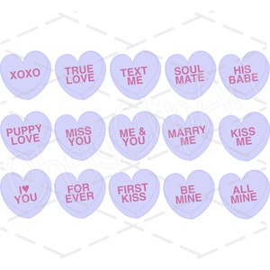 Purple Conversation Hearts SVG PNG JPG - Bundle of 15 Phrases - Candy Heart Clipart - Heart Candy Graphic - Valentines Heart Cricut